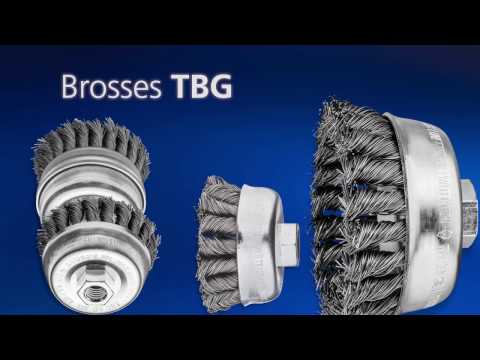 Brosse boisseau torsadée, 2 rangées, avec filetage intérieur, TBG, Ø 150x5/8"-11, fil d’acier Ø 0,60 mm, meuleuse d’angle Youtube